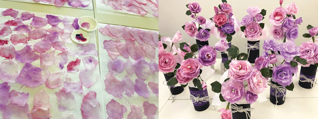 和紙の染色と和紙でつくった花飾りの作品