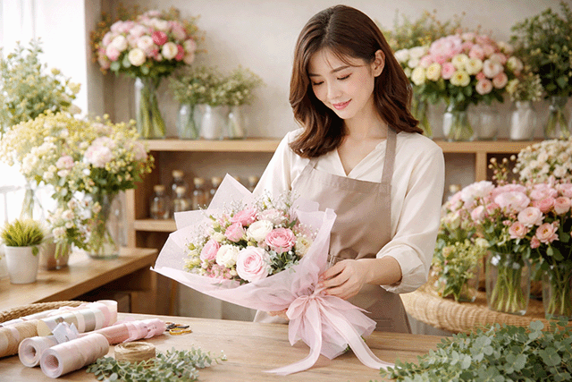 花束をラッピングしている様子