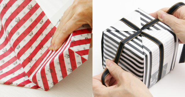 ラッピングの基本である斜め包みとリボン掛けのイメージ